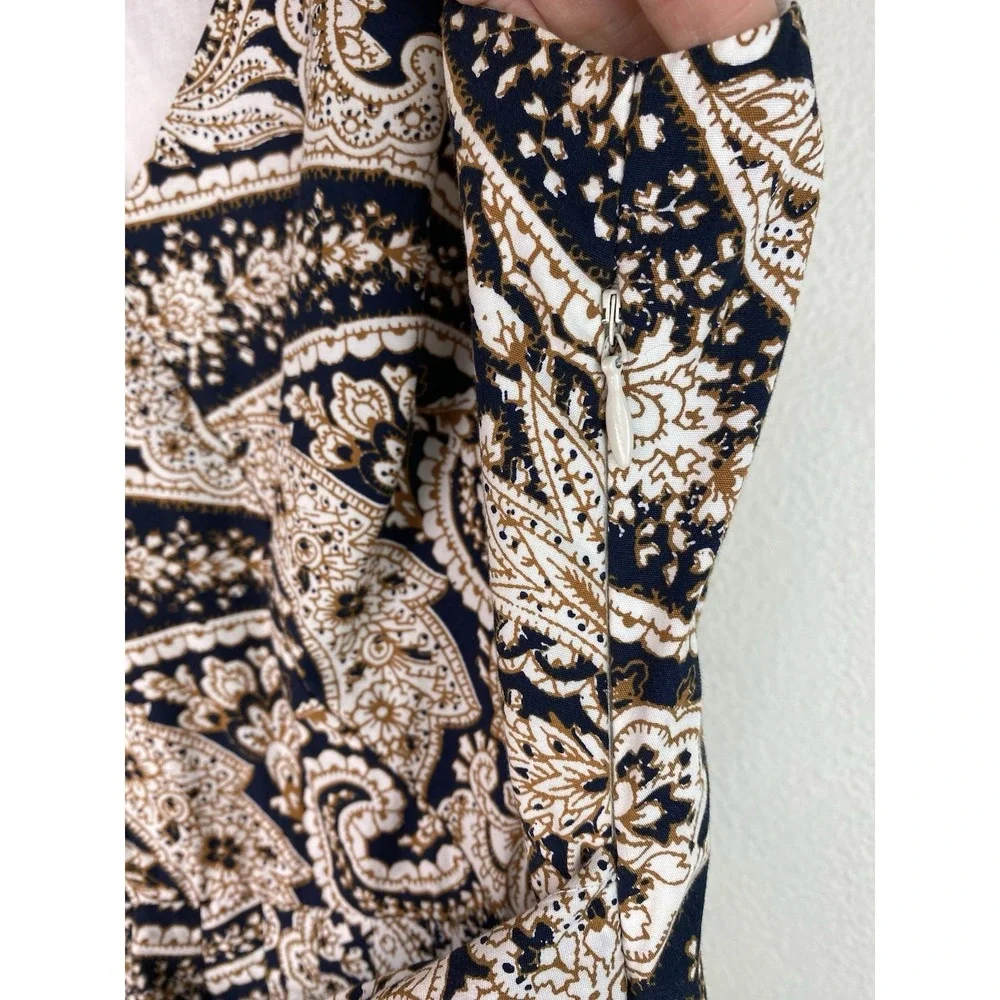J. Crew Womens 0 Ivory Black Gold Paisley Sleeveless Pleated Fit and Flare Dress